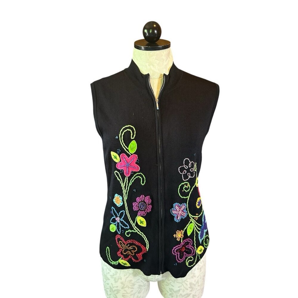 Yarns and Stitches Women's Black Stretch Full Zip Embordered Vest Sleeveless‎ S